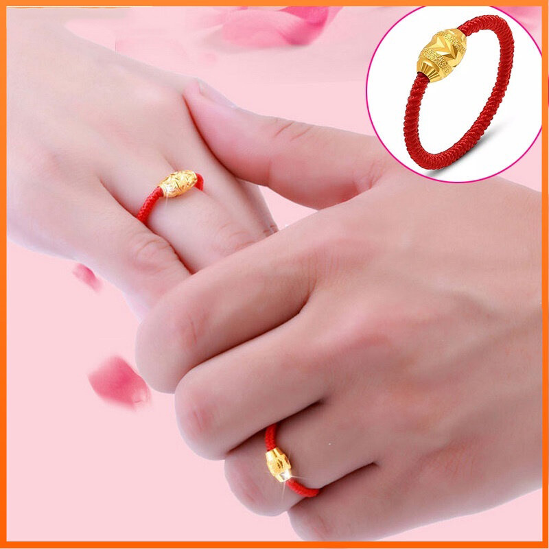 Nhẫn đính hạt nhỏ vàng thời trang nam và nữ nhẫn đính dây thừng đỏ dệt tay