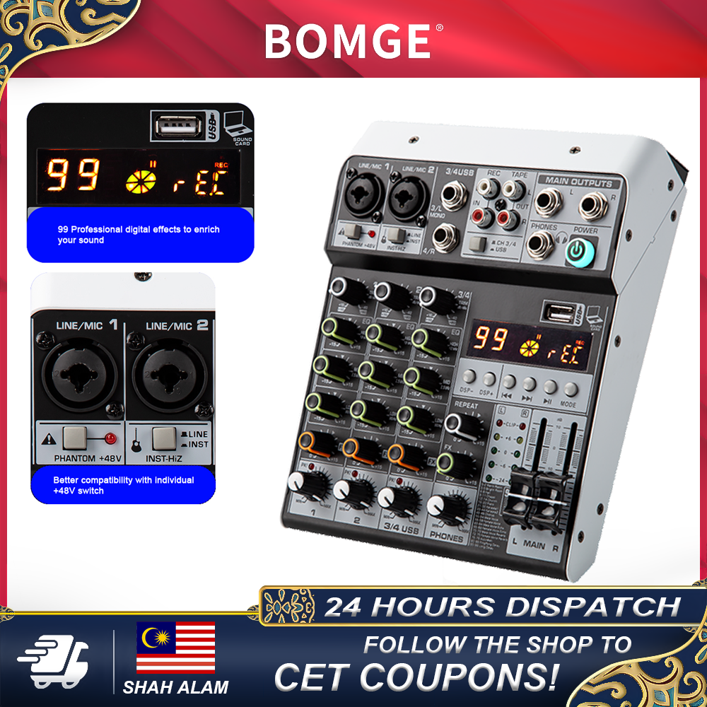 BOMGE 99 DSP Live Mixer audio 4 saluran Kad Bunyi Profesional USB Bluetooth Pengadun Mini Aluminium tulen Untuk Kad Buny