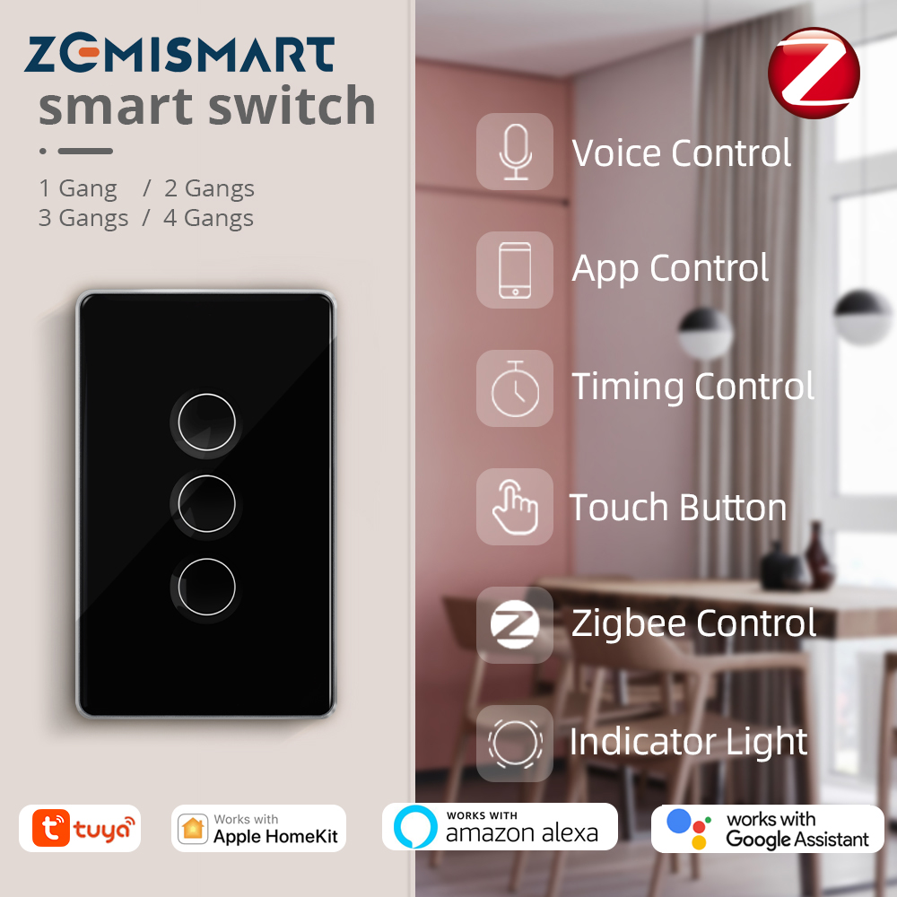 zemismart Tuya Zigbee Smart Touch Pit Botton Light Switch with Tempered Glass Wall Panel Neutral Wired Need Alexa Siri Control work with Zemismart Homekit Zigbee Hub 1/2/3/4 gang Zigbee Light Botton Switch Black/White ราคา 831 บาท*ส่งฟรี