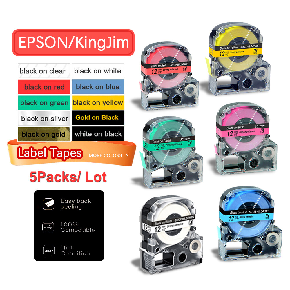 5 Gói Nhãn Epson Tương Thích Màu Đen Trắng 12Mm, LC-4WBN/ SS12KW SC12RW SC12YW ST12KW Cho Máy In Epson LW300 LW400 500 600