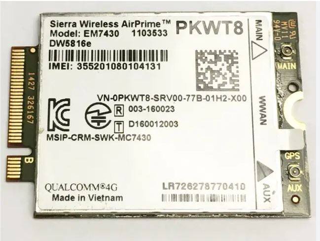 Dell DW5816e Sierra Wireless AirPrime EM7430 Snapdragon X7 LTE Qualcomm 4G WWAN  Card Module UMTS HSDPA HSPA+ TD-SCDMA USED Product Description Brand: Sierra  wireless Condition: 100% Genuine WCDMA Bands B1 (2100), B5 (