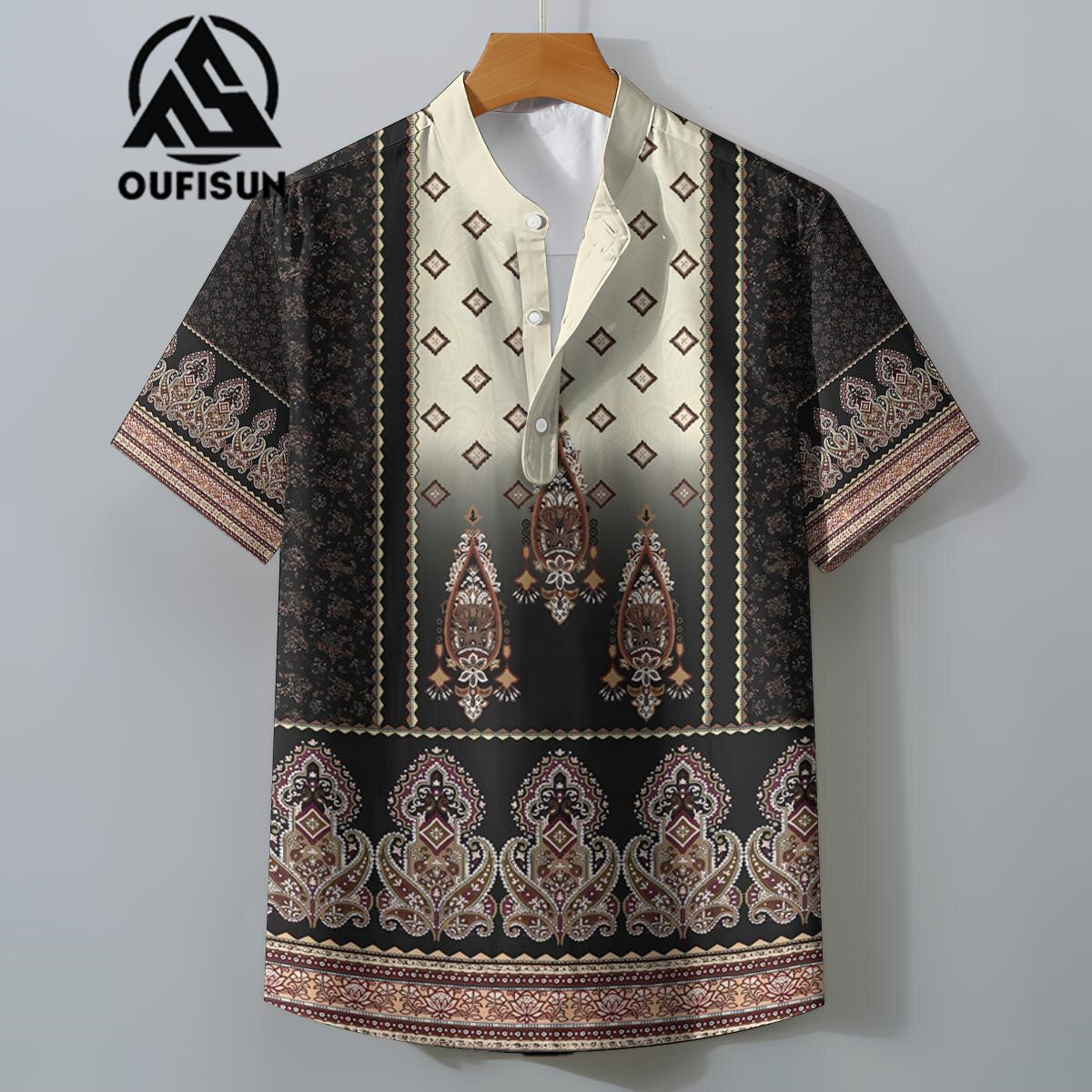 Oufisun Áo Sơ Mi Nam barong Áo sơ mi cổ điển Áo sơ mi Hawaii nam cổ chữ V quá khổ