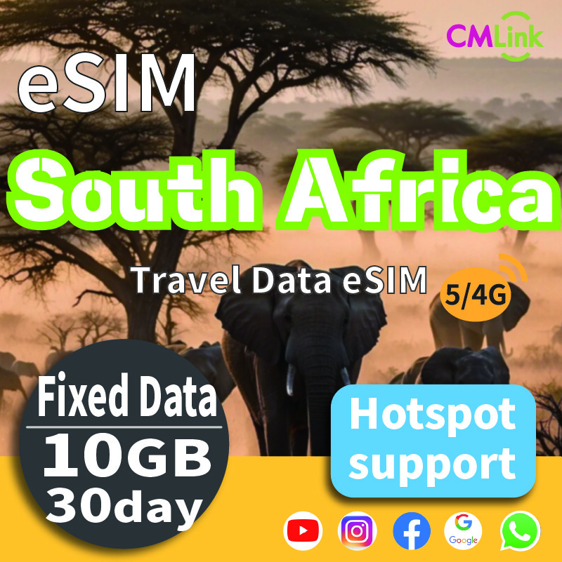 South Africa Data eSIM Card with Unlimited 10GB for 30 Day High-Speed Data for Travel Prepaid 4G/5G LTE (Hotspot+Top-Up,QR Code Sent to Your Email) Harga 201 Ringgit*Penghantaran Percuma