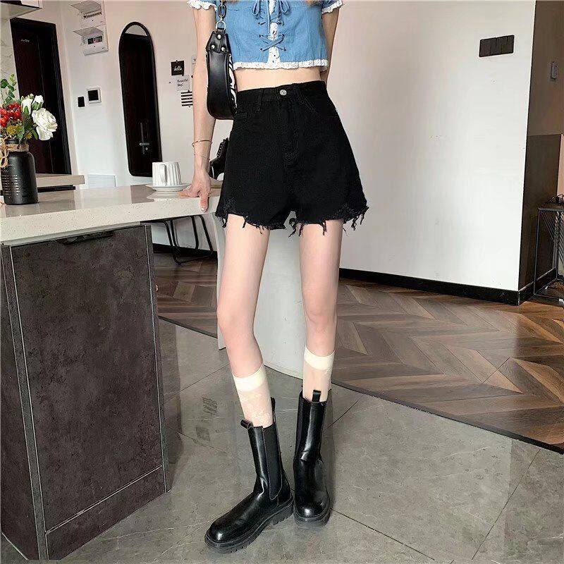 Large size denim shorts women's summer hot girl 2022 new thin loose and thin A-line raw edge black high waist hot pants