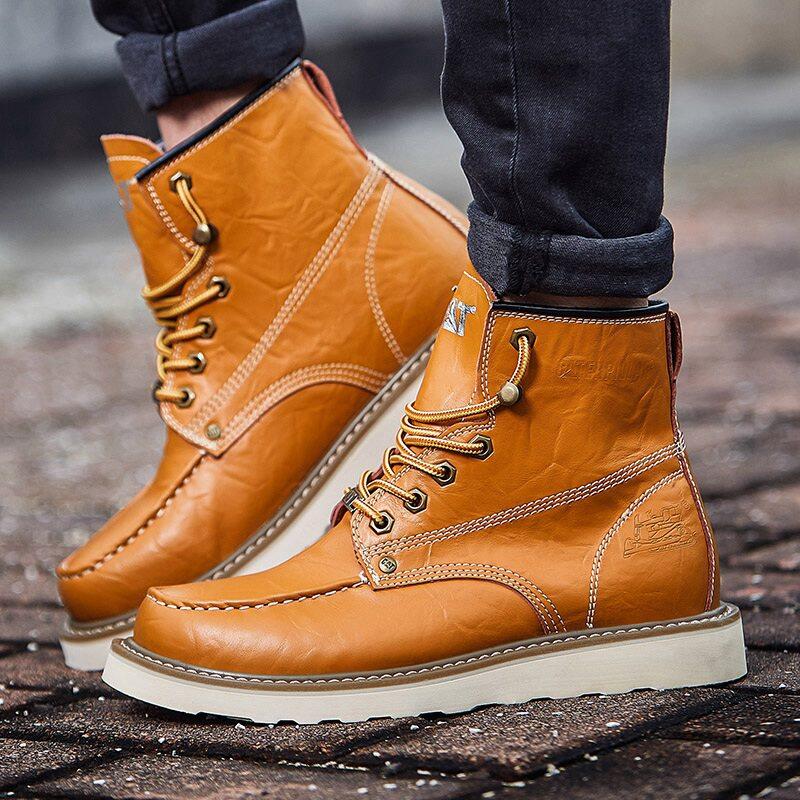 New CAT Outdoor Walking Men's Martin Boots High Top Casual Shoes Classic Round Toe Leisure Cow Leather Male Work Tooling Footwear ราคา 1,108 บาท*ส่งฟรี