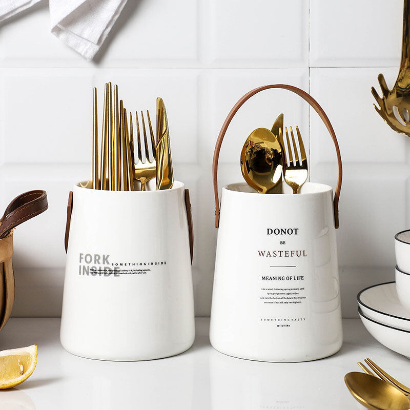 Gambar European Ceramic Cutlery Holder   Chopsticks Cage with Leather Handle, Kitchen Spoon Fork Shelf Organizer Box