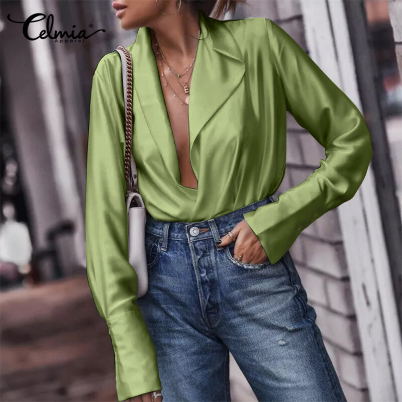Celmia Women Long Sleeve Bloe Deep V 
