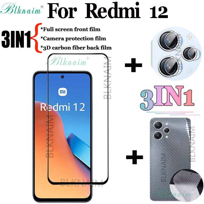 Blknaim cho Redmi 12 Phim kính cường lực toàn màn hình + Phim ống kính máy ảnh + miếng phim dán sau sợi Carbon 3D