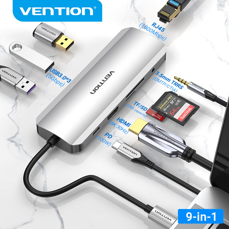 Vention Dock Chuyển Đổi Type-C 5 in 1 sang HDMI & 3 Cổng USB 3.0 - Hỗ Trợ Sạc PD Nhanh - Thiết Kế Ki