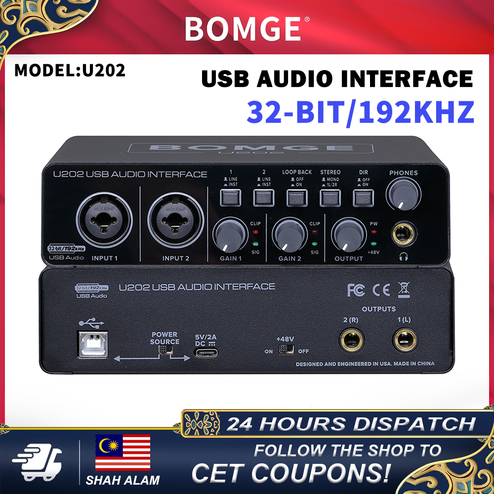 BOMGE U202 USB Audio Interface with Mic Preamplifier XLR/TSR/TS Ports,48V,32-Bit/192kHz Resolution for computer recording,Streaming ,Podcasting