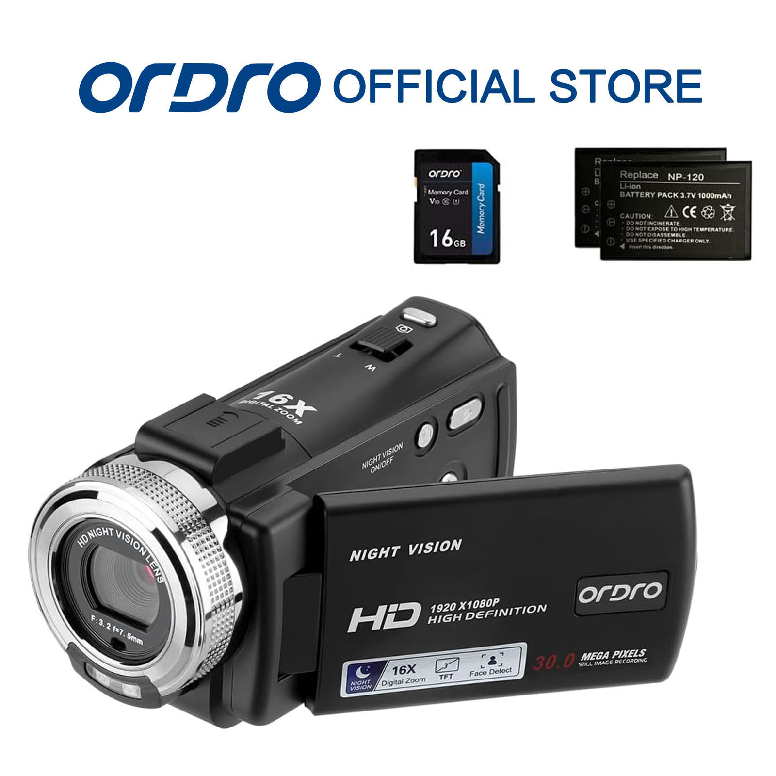  ORDRO Camcorder HDV-V12 1080P Vlog Camera 30FPS 30MP HD IR Night Vision Camera Mini Video Camera Recorder 