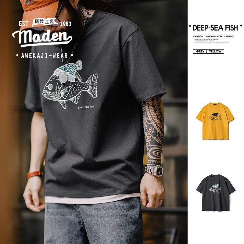  Maden thương hiệu nam thanh niên 2025 mùa hè mới vui nhộn và dễ thương Mỹ retro cá biển sâu đổ xô Áo thun in hình động vật Ngắn Tay Cổ Tròn bông nguyên chất 