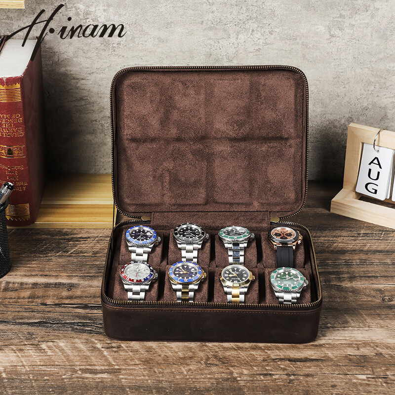  Hiram da ngựa điên cổ điển đồng hồ hình chữ nhật hộp lưu trữ 8 khe cắm du lịch thủ công hộp đồng hồ 