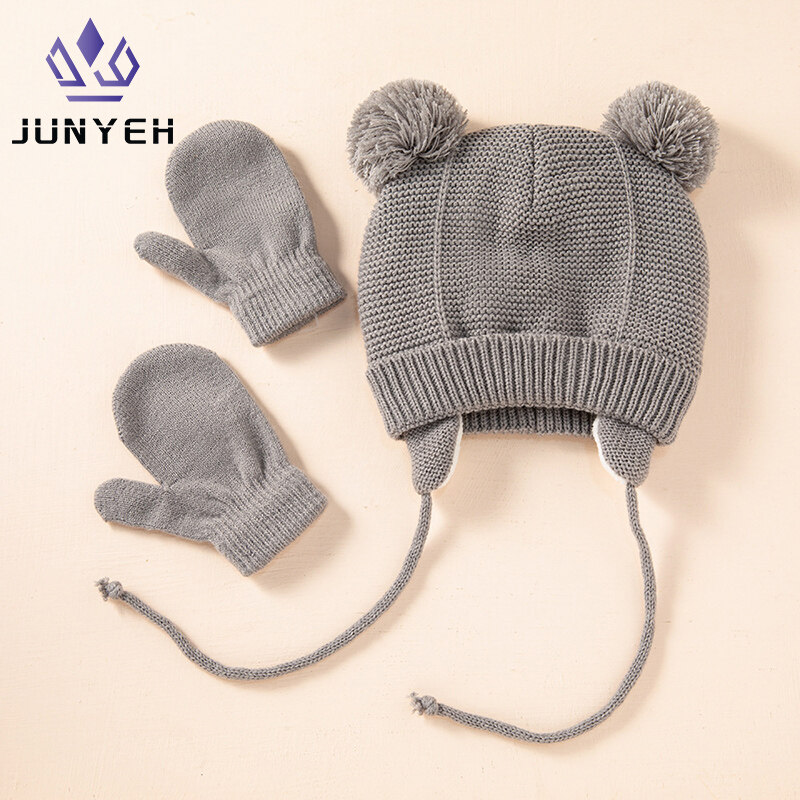Baby Knit Hat Winter Warm Fleece Wool Hats Gloves Two