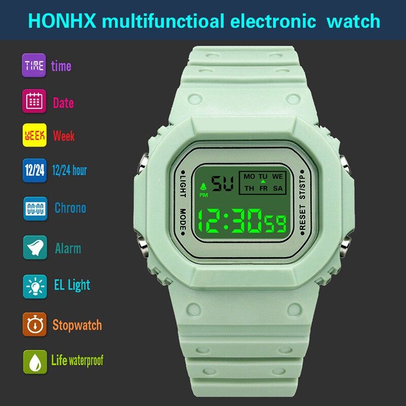 มุมมองเพิ่มเติมของสินค้า HONHX นาฬิกาข้อมือ นาฬิกาส่องสว่างปฏิทินนาฬิกาปลุกกันน้ำLEDอิเล็กทรอนิกส์นาฬิกาผู้หญิงผู้ชายคู่นาฬิกาข้อมือ
