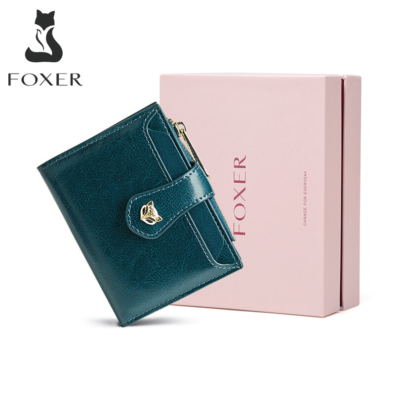FOXER Ví Ngắn Nữ Ví Đựng Thẻ Bằng Da Chia Ngăn Ví Đựng Tiền Xu Ví Cầm Tay Có Khóa Kéo Chất Lượng Cao Cho Nữ