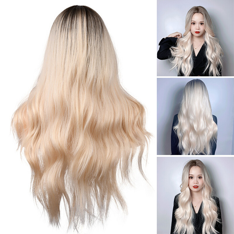 Gambar Female Blonde Long Curly Wig Full Natural Fluffy Fashion Wavy Wig High Fashion Fluffy Female Blonde Long Curly Wig Full Natural Wavy Wig High Temperature Silks Wig for Daily Wear