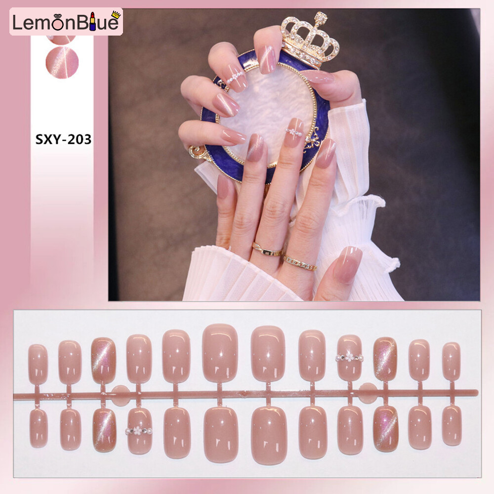 Gambar Pearl Inlaid False Nails French Long Press On Nails Elegant Fingernail Sticker Removable Save Time Finished Nails Piece Artificial Nails 24PCS with Jelly Gel Glue