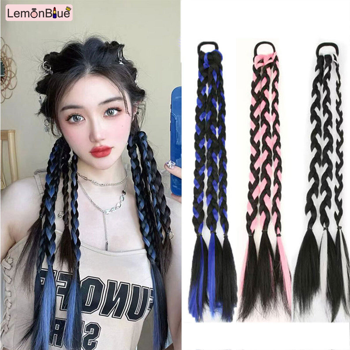 Gambar LemonBlue Braided Ponytail Extension Colorful Tail with Bands for Girl Party Cosplay Dress
