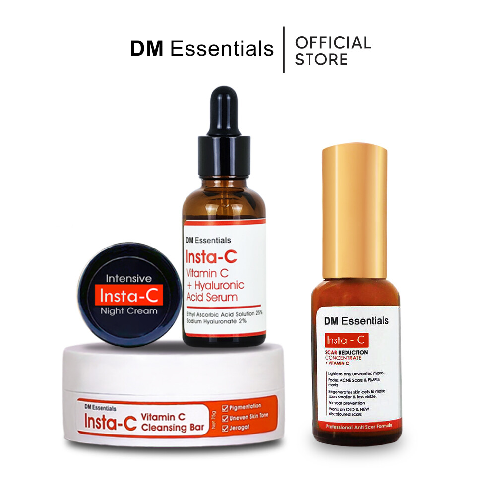 Gambar DM Essentials InstaC 4 in 1 combo FULL SET + SCAR Reduction Concentrate | Vitamin C skincare set | Acne Scars pits cream gel | Pimple marks removal | Scar Care blemish treatment serum | Repair old and new scars