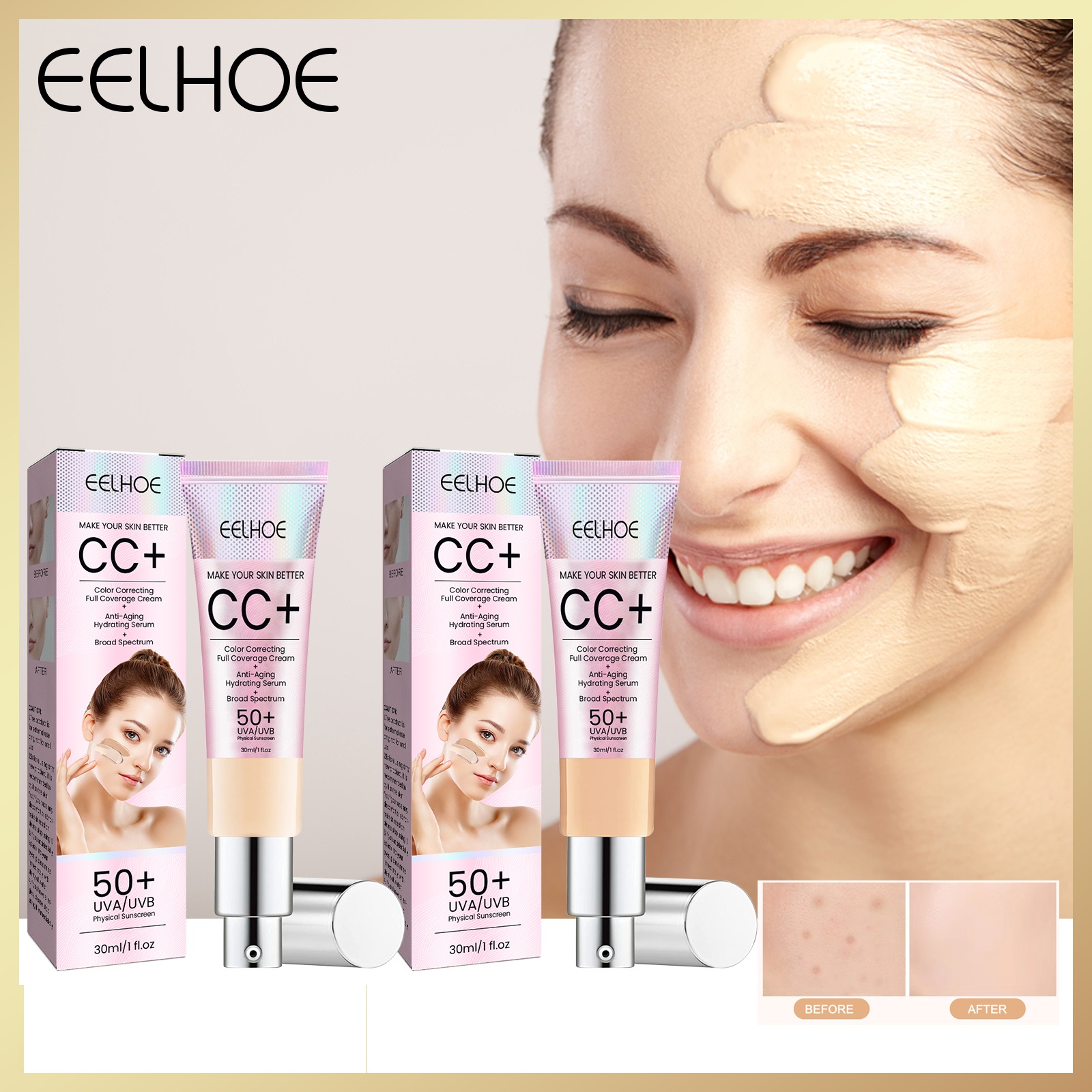 Eelhoe Facial CC Sunscreen Cream SPF 50+ Whitening Sunscreen Repair Cream Moisturizing Isolating Waterproof Face Makeup Brightening Skin Color Natural Concealer(30ml)