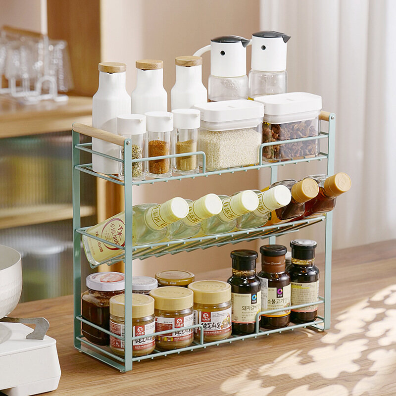 Gambar Iron Kitchen Seasoning Rack Household Oil Salt Soy Sauce Vinegar Bottle Storage Rack Multi functional Stove Seasoning Storage Rack