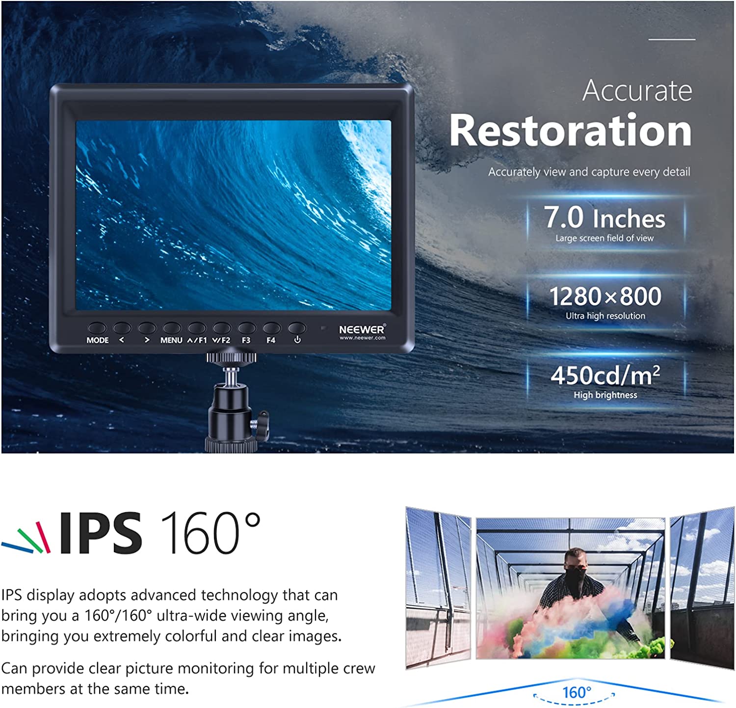 Neewer NW759 7Inch 1280x800 IPS Screen Camera Field Monitor with 1 Mini HDMI Cable for BMPCC,AV Cable for FPV, 16:10 or 4:3 Adjustable Display Ratio for Sony Canon Nikon Olympus (Battery not included) ราคา 5,609 บาท*ส่งฟรี