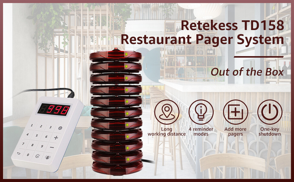 Retekess TD158 Pager Systeem, Mini Oproepsysteem Pager, Buiten 500M, LED-Oordisplay, 4 Oproepmodi(1 Toetsenbordzender 20 Pagers