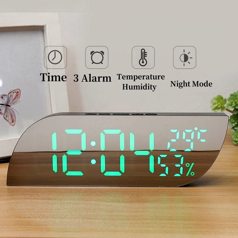 Đồng hồ báo thức kỹ thuật số nhiệt độ độ ẩm ngày 3 báo động 2 chế độ hiển thị không giới hạn Báo lại đồng hồ để bàn chế độ ban đêm 12/24h đồng hồ LED