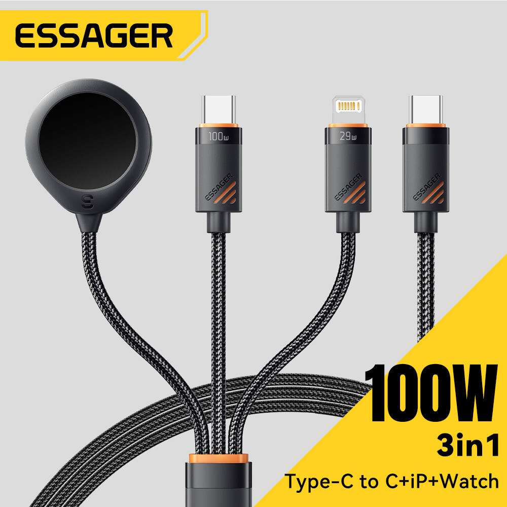 Essager 3 Trong 1 100W Đa USB Loại C Cáp sạc Cho Apple iWatch iPhone 16/15/14/13 Pro Với Loại C Sét
