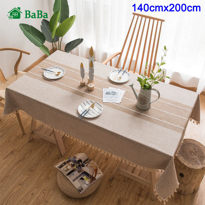 Gambar BaBa Cotton Linen Tablecloth Tassels Minimalist Pattern for Kitchen Dinning Room Decor Table Cover Tablecloth Minimalist Tassels Cotton Linen Table Kitchen Dinning Room Accessories Simple Elegant