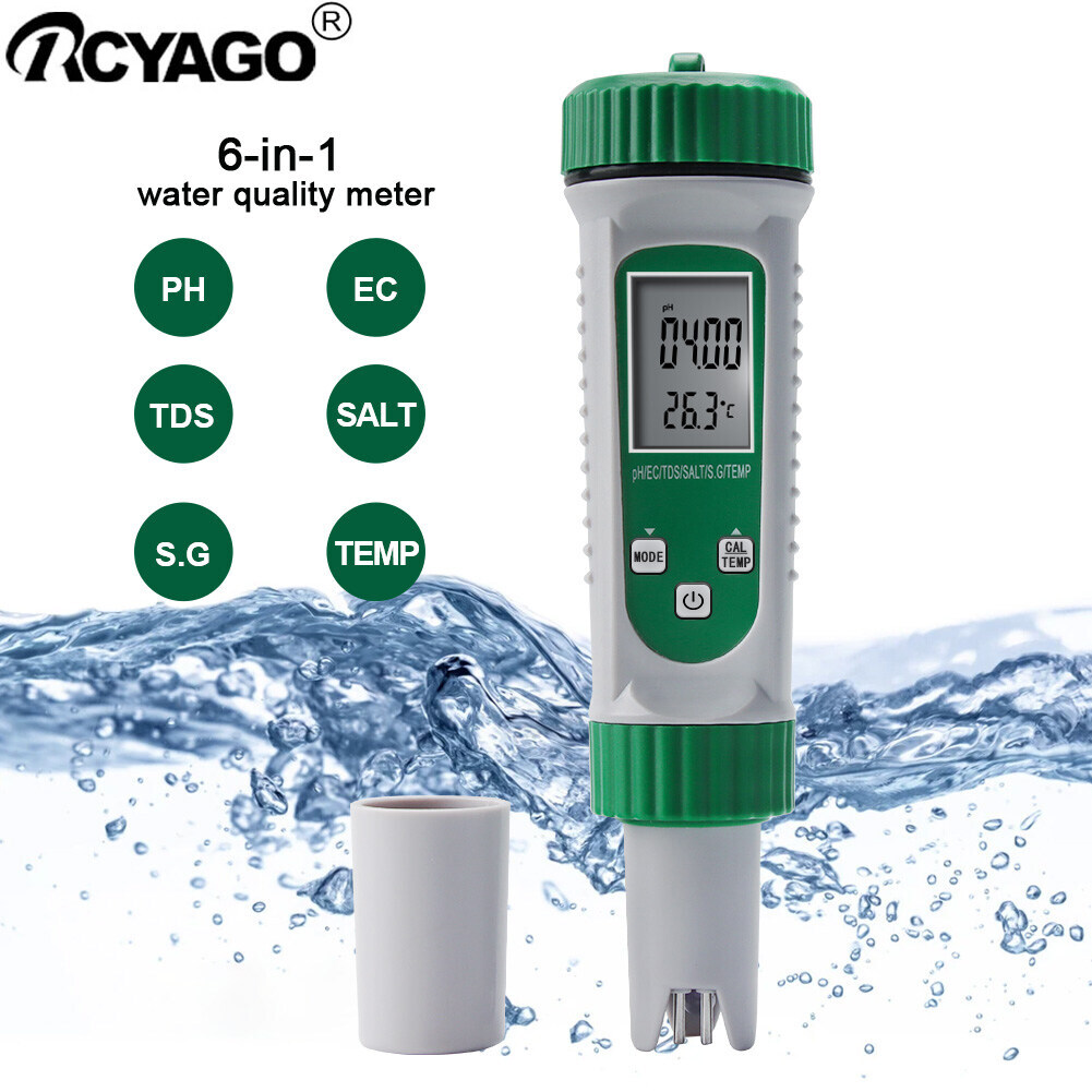 RCYAGO Máy Đo Độ Bền Nước 6 Trong 1 Máy Đo PH/EC/TDS/Muối/S.G./Temp Máy Đo Độ PH Của Nước Máy Đo Độ Mặn Cho Nước Uống, Hồ Cá, Ao