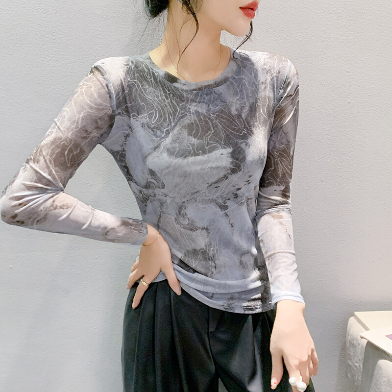 Rehin phong cách châu âu Đồ Họa Tie-Dye mực và rửa in lưới dài tay áo T-shirt ôm vừa Mùa Thu/Mùa Đôn