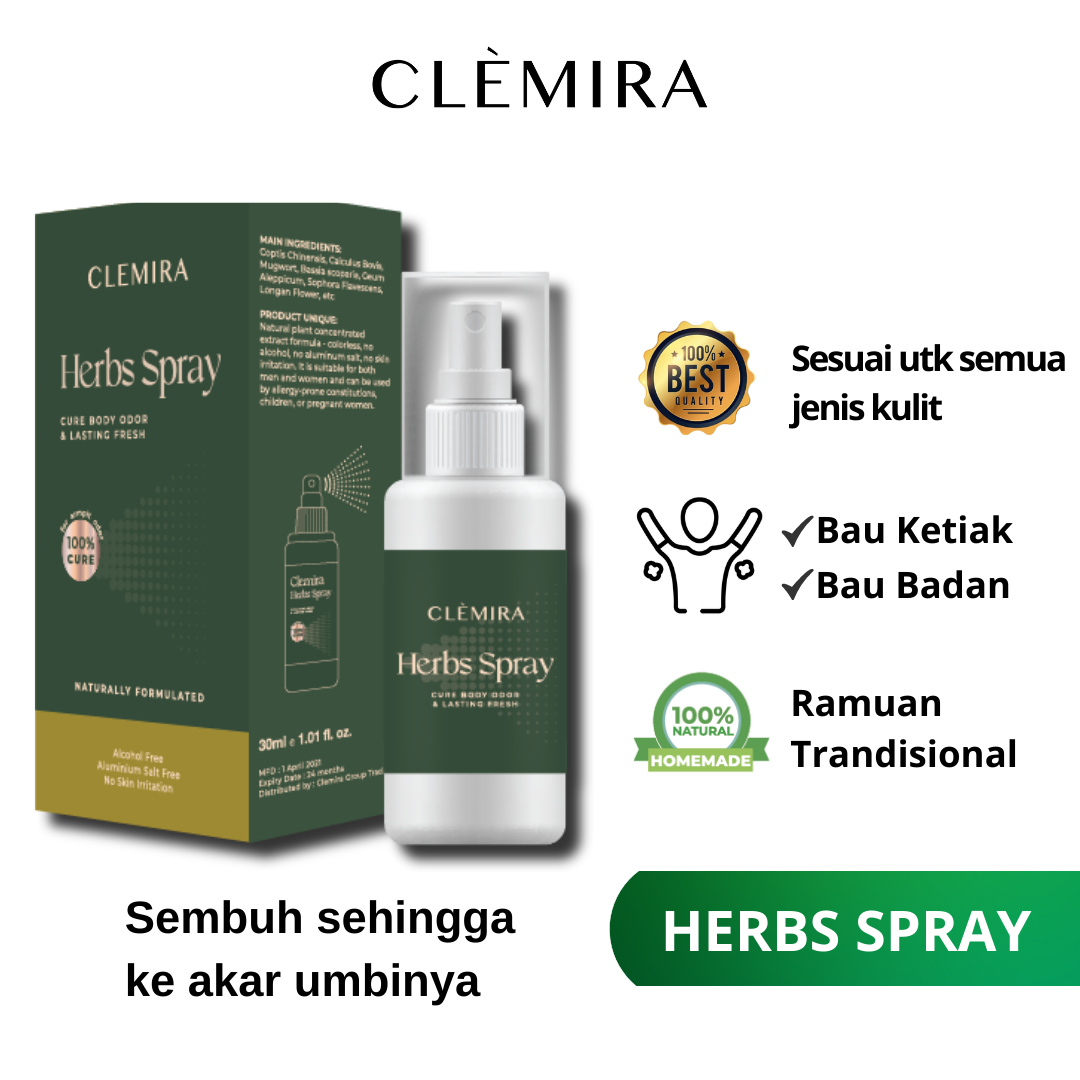 Gambar Clemira Herbs Spray Natural Deodorant Body Spray Deodorant Women Deodorant Men Deodorant Spray Ketiak Wangi Deodorant Body Spray Men Tawas Ketiak Ubat Ketiak Perspirex Smelly No More