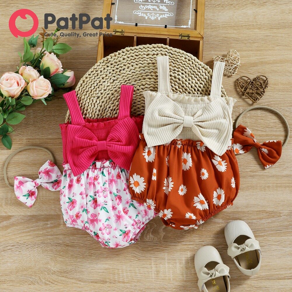PatPat 2pcs Baby Girl 95% Cotton Ribbed Bowknot Splicing Floral