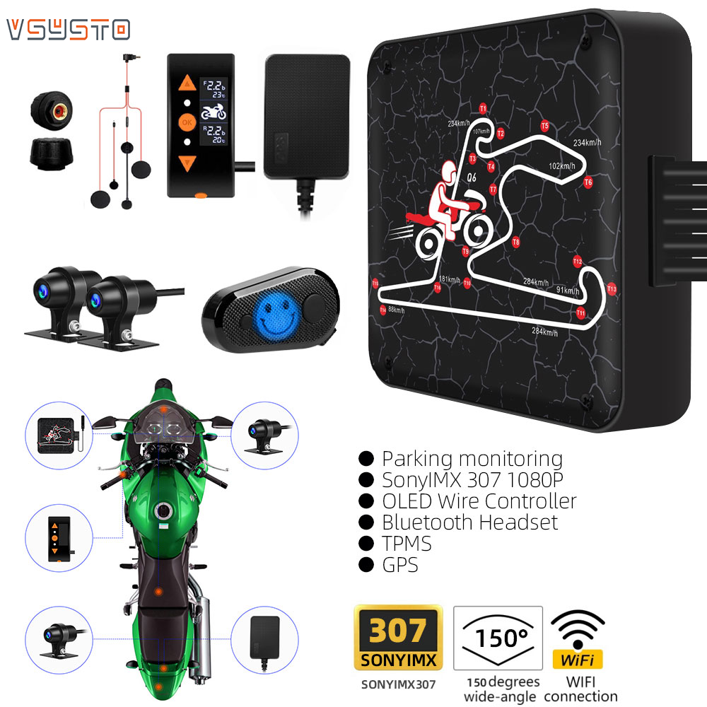 VSYSTO Motorcycle Dash Cam Dual SONYIMX307 1080p Motorcycle Cameras Wifi with OLED Screen Wire Controller Parking Monitoring Bluetooth Headset TPMS GPS Track Waterproof ราคา 5,493 บาท*ส่งฟรี