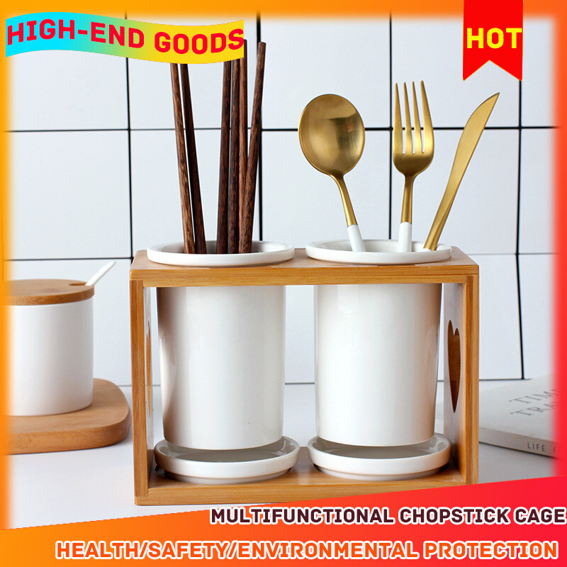 Gambar Ceramic Bamboo And Wood Combination Chopsticks Tube Pure White Chopsticks Cage Kitchen Household Tableware Storage Box
