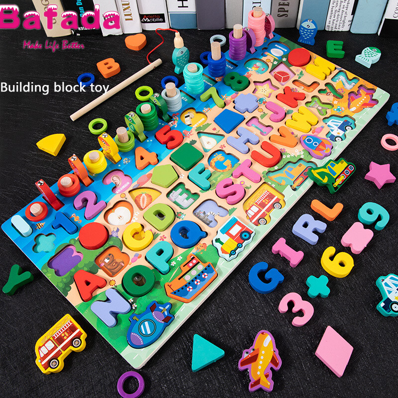 Bafada 7in-1 Montessori Wooden Block Toys Geometric Shape Cognition Color Digital English Puzzle Set Educational Toys Printing Pattern Interesting For Children Gifts ราคา 440 บาท*ส่งฟรี