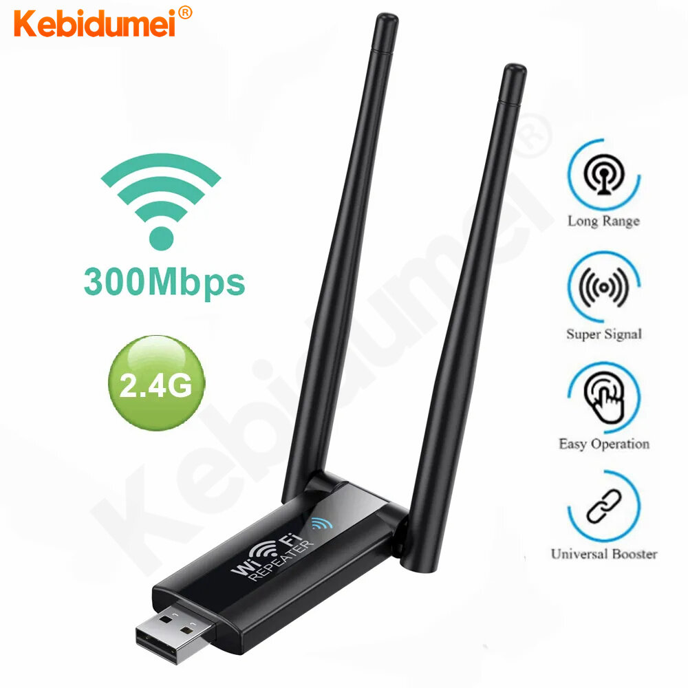 Kebidumei Bộ mở rộng bộ khuếch tán sóng Wi-Fi không dây USB 2.4G 300Mbps Bộ định tuyến Bộ kích sóng Wifi tầm xa Bộ lặp Wi-Fi điểm truy cập
