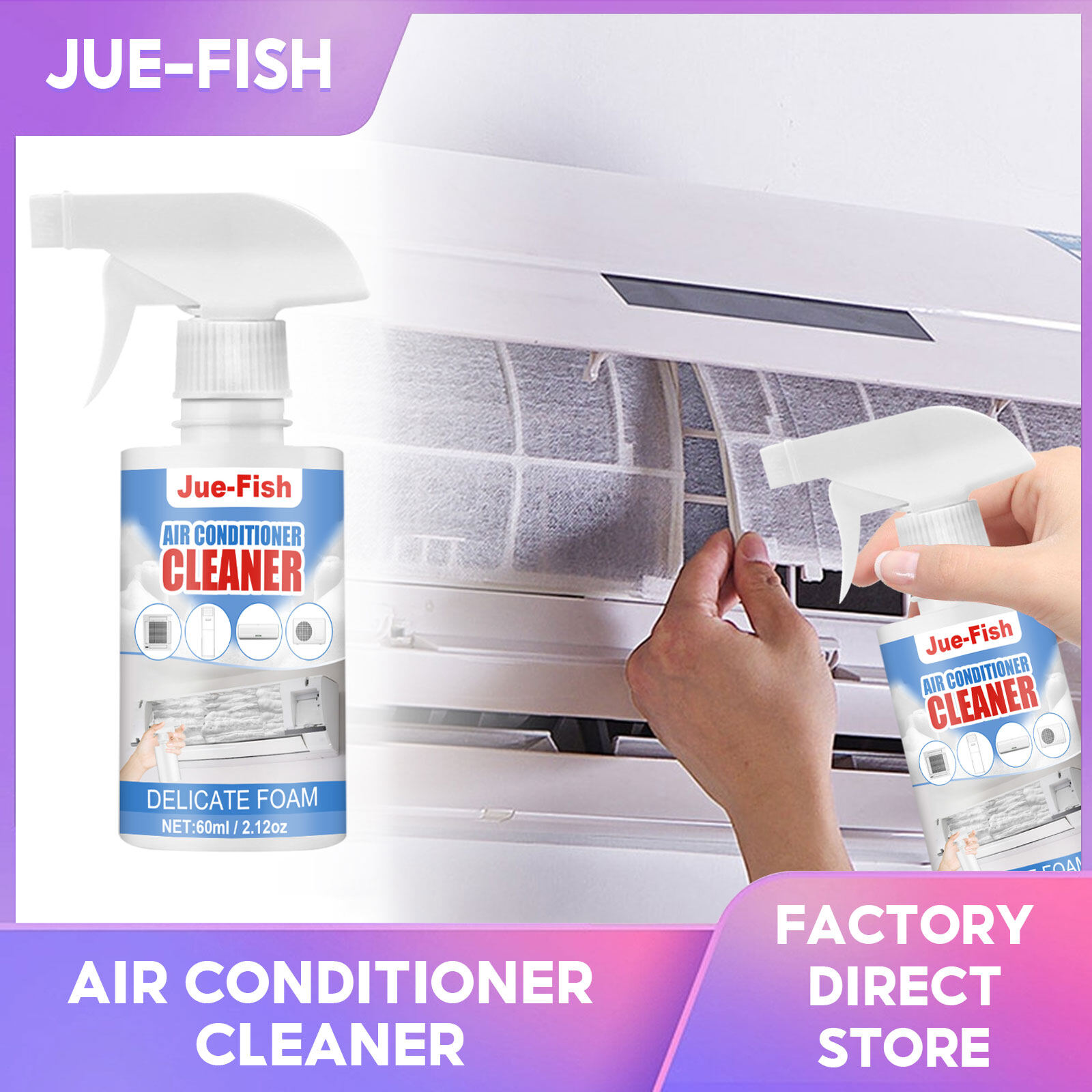 Jue-Fish Air Conditioner Clean Spray Deep Cleaning Radiators Fan Blade Remover Stain Deodorizer Smell Multipurpose No Washing Foam Cleanser Clean Tools (60ml) ราคา 152 บาท*ส่งฟรี