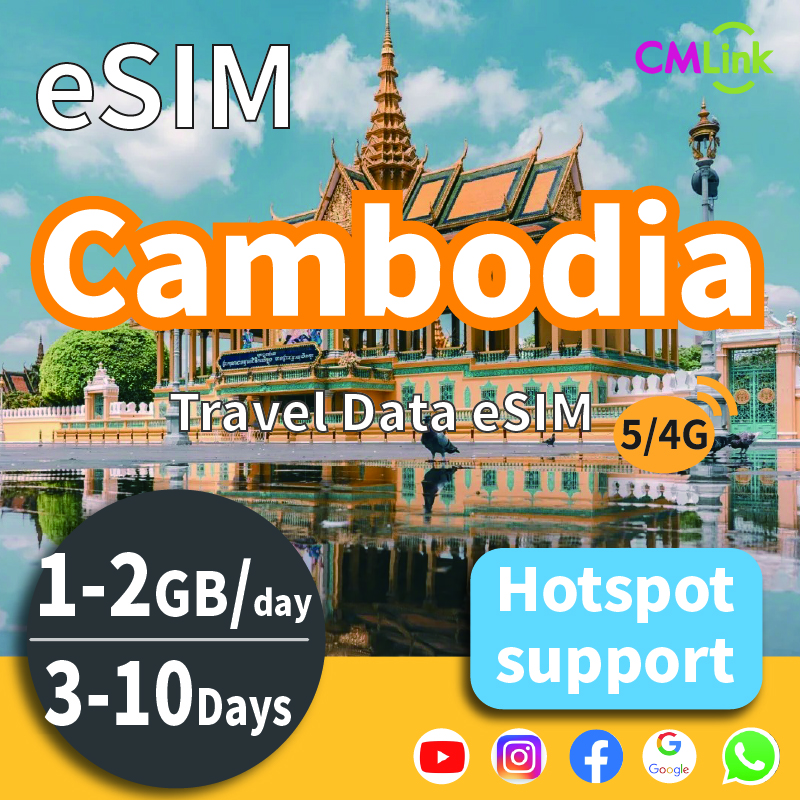 Cambodia Travel Data eSIM Card with Unlimited (3-10Days, 1GB/2GB Daily High-Speed Data+Hotspot+Top-Up,QR Code Sent to Your Email)  ราคา 433 บาท*ส่งฟรี
