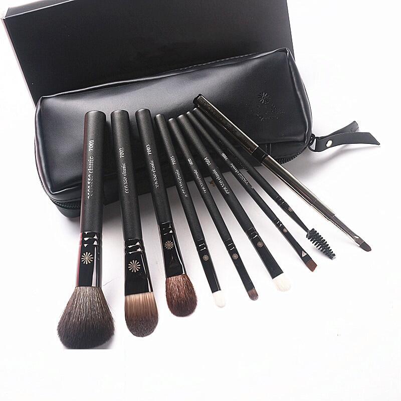 Gambar Korean Fashion 9Pcs Goat Hair Makeup Brushes with Leather Case Professional Eyebrow Lip Nose Eyelash Make up Brush Kit Gift