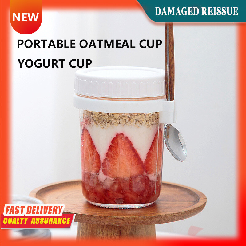 Gambar Portable Overnight Oatmeal Cup Water Cup with Spoon and Lid Breakfast Cup Mason Cup Glass Salad Jar Yogurt Cup