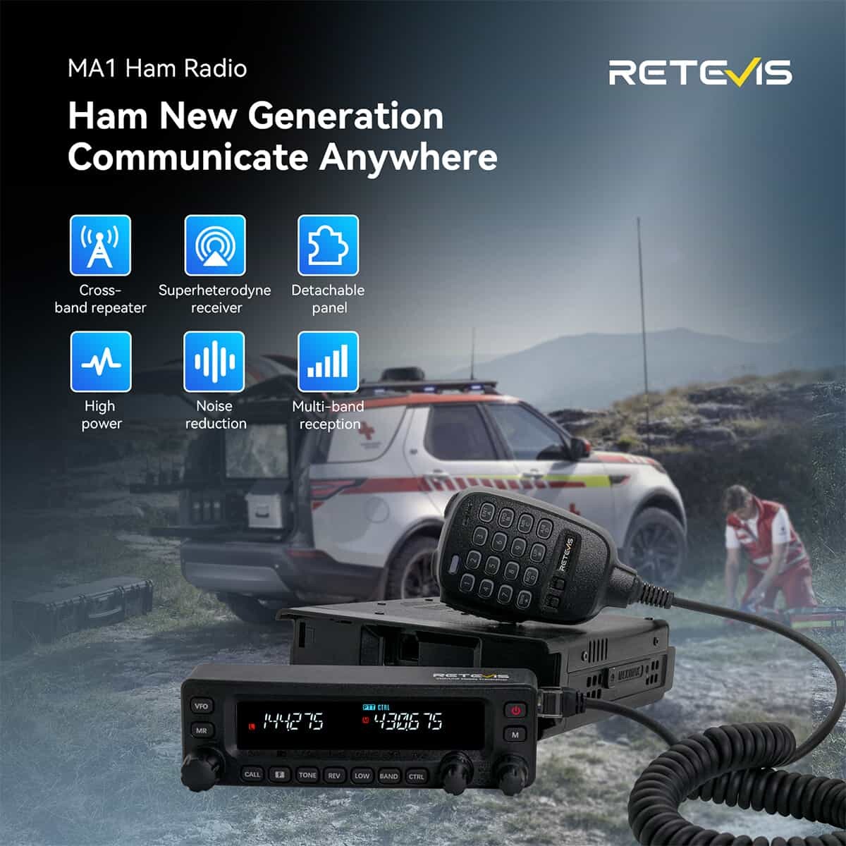 Retevis MA1 UHF VHF 50W High Power Amateur Ham Radio with Detachable Front Panel ราคา 12,619 บาท*ส่งฟรี