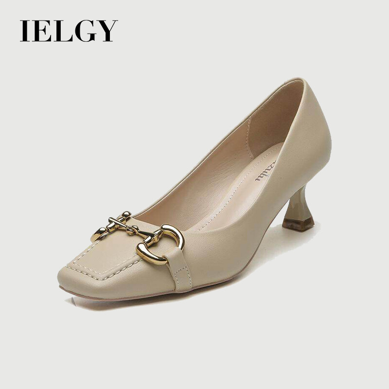 IELGY retro single shoes square toe metal buckle PU leather high heels women ราคา 1,021 บาท*ส่งฟรี