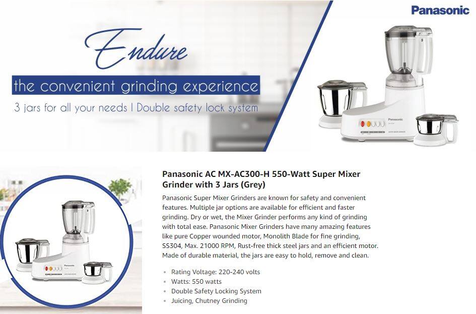 Panasonic MX-AC300H 550W 3 Jar Super Mixer Grinder
