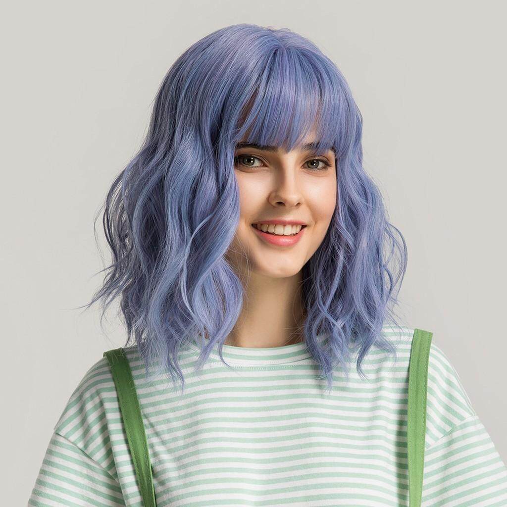 Women Wig Short Curly Blue Purple Full Hair With Bangs Long