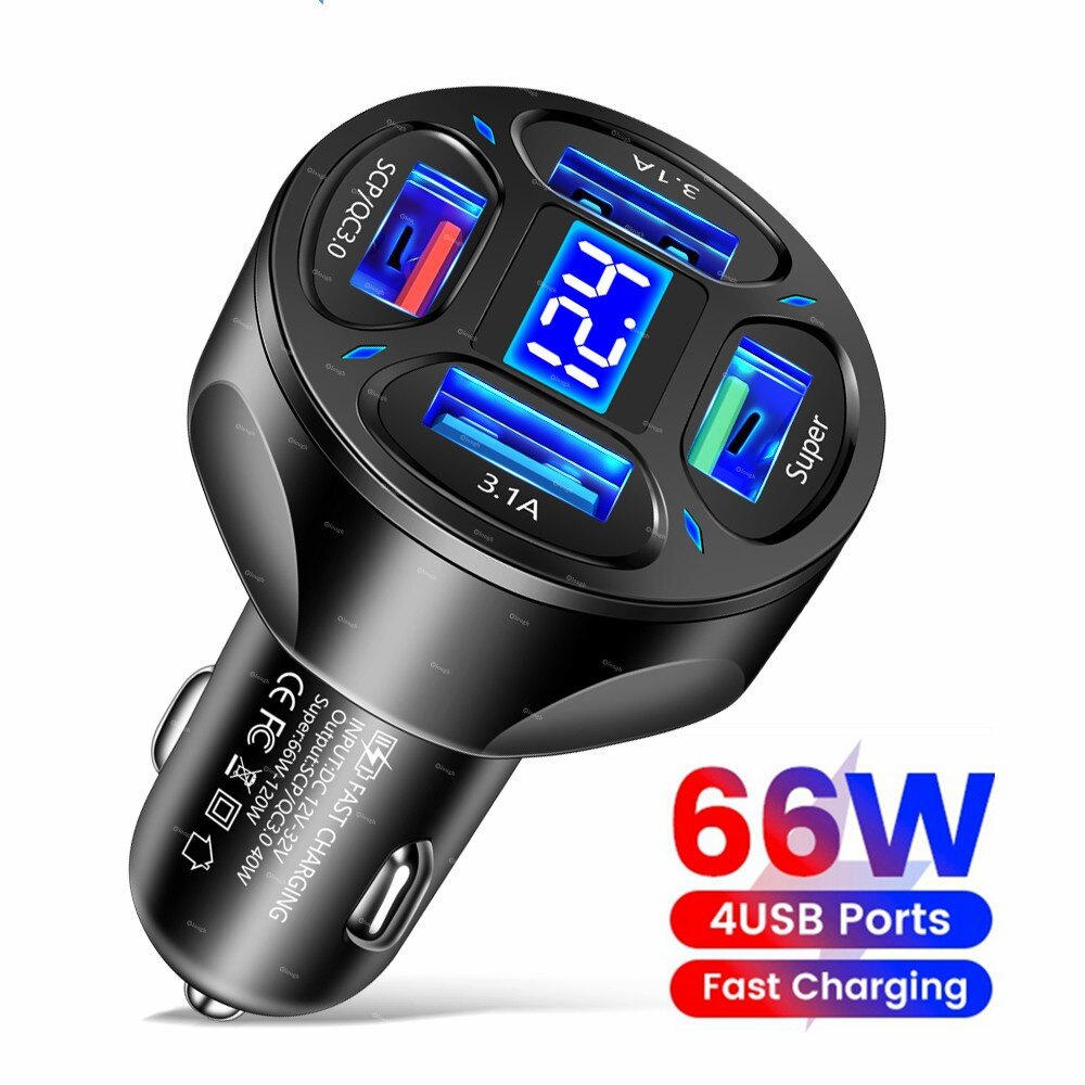 66W 4 Cổng xe USB Bộ sạc sạc nhanh sạc nhanh 3.0 USB C Bộ chuyển đổi đầu sạc điện thoại cho xe hơi Cho Xiaomi Samsung
