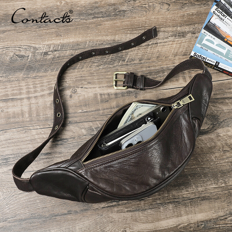 CONTACT S Genuine Leather Waist Bags for Men Casual Soft Waist Packs