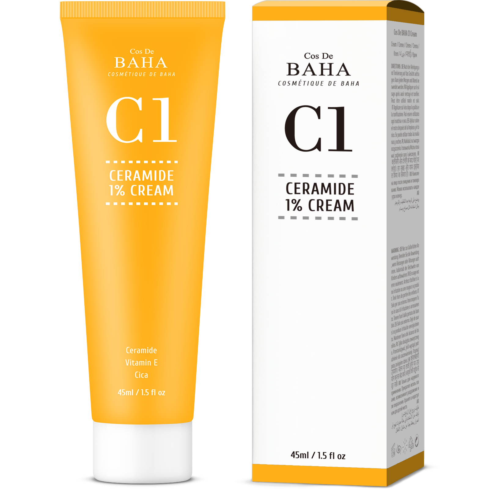 Kem cos de baha-C1 chứa ceramide 1%, Vitamin E , Centella asiatica và chiết xuất thảo mộc tự nhiên làm thành phần chính. 45ml/1.5 FL. OZ